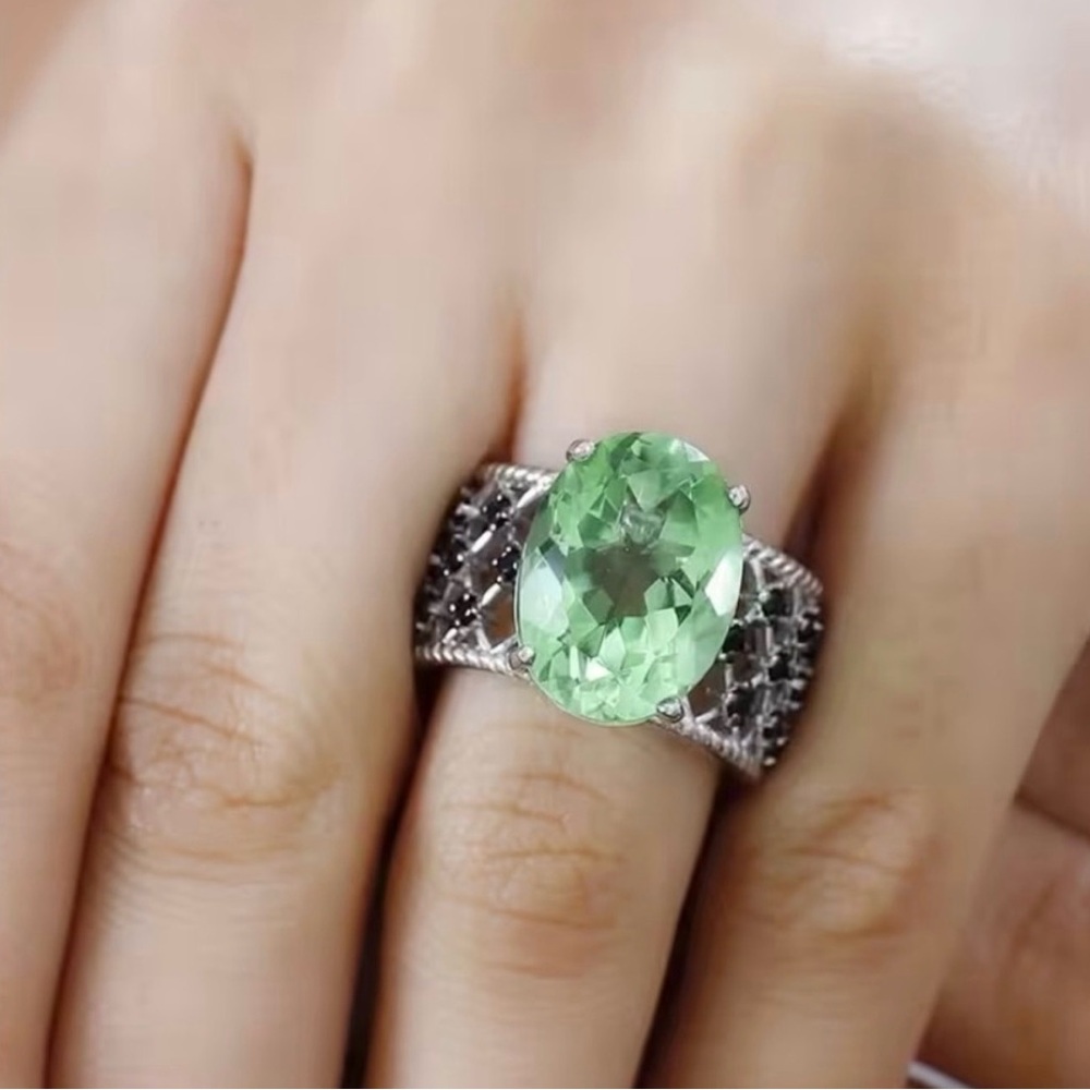 331. Chartreuse Quartz Thai Black Spinel Ring/Platinum Over Sterling - Picture 2 of 8